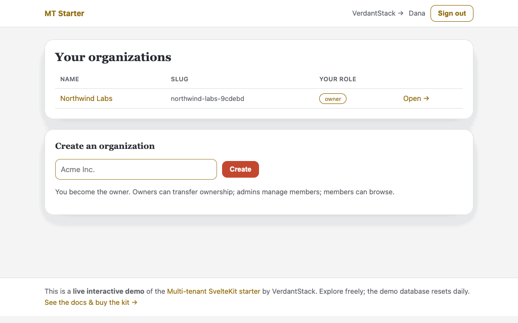 Invite flow: owner creates a one-time invite link, a new member accepts via the link, the owner sees them listed