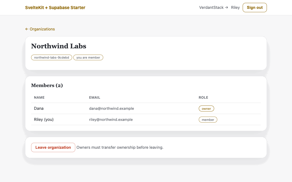 RBAC denial: member view has no admin controls; a native POST attempting to promote the owner returns a real 403
