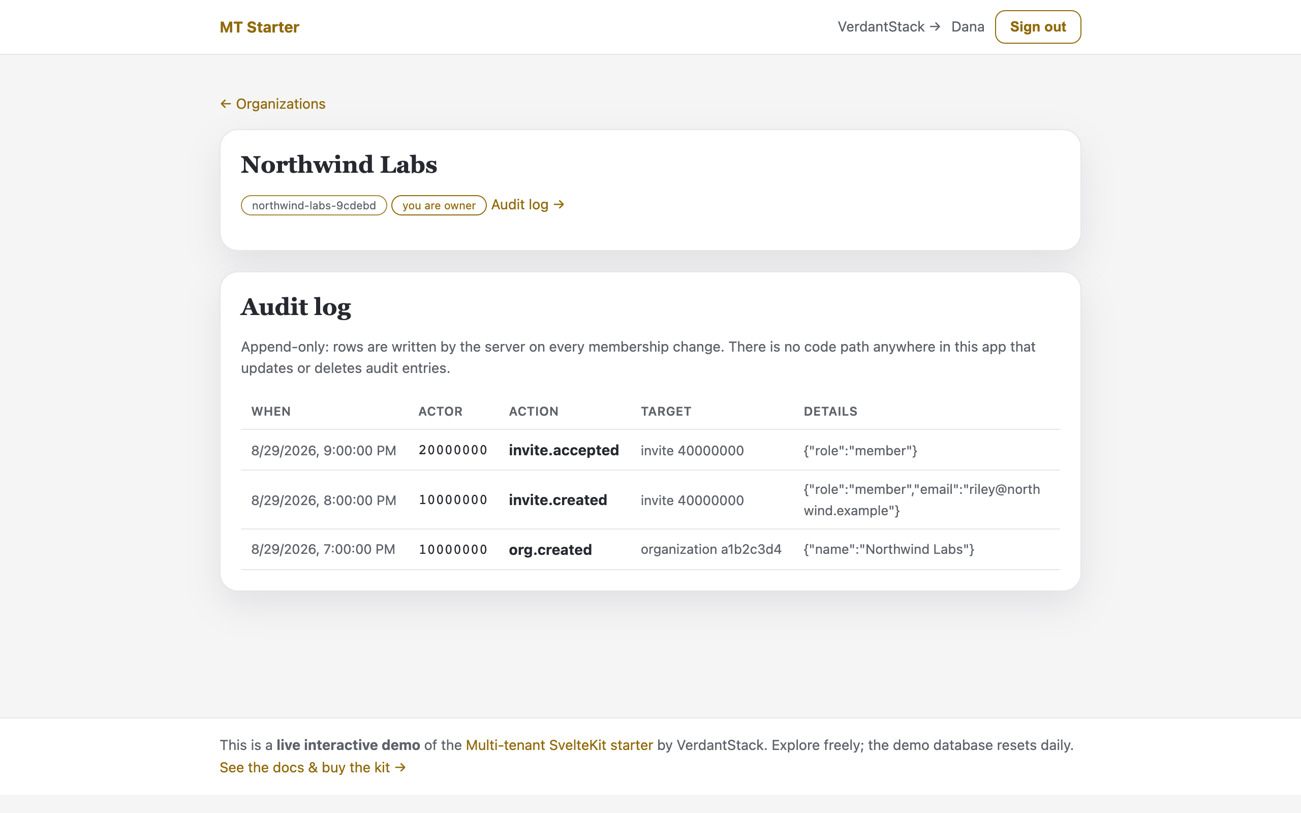 Live demo: append-only org audit log