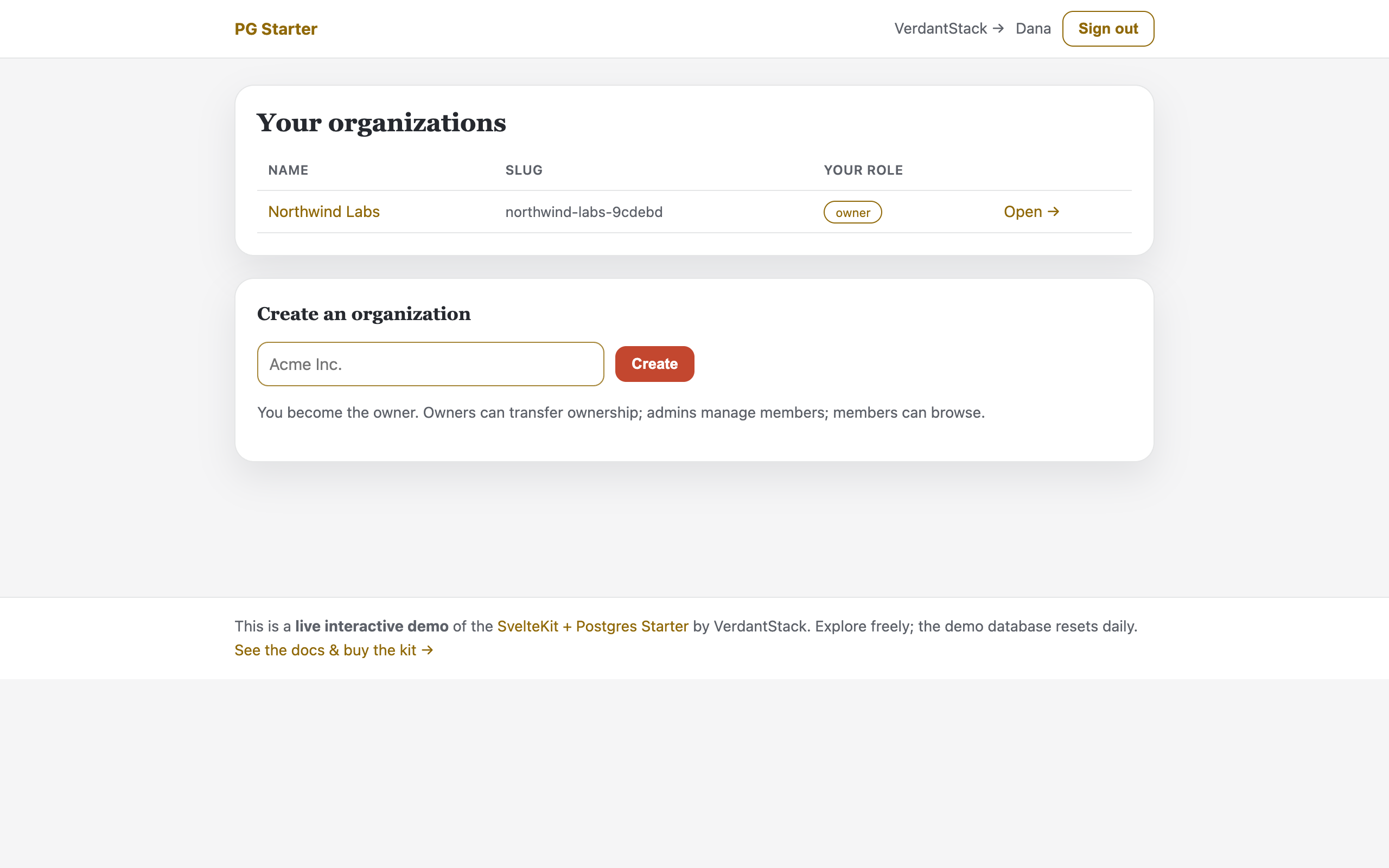 The Postgres starter running: an organization dashboard with members, roles, and seat counts.
