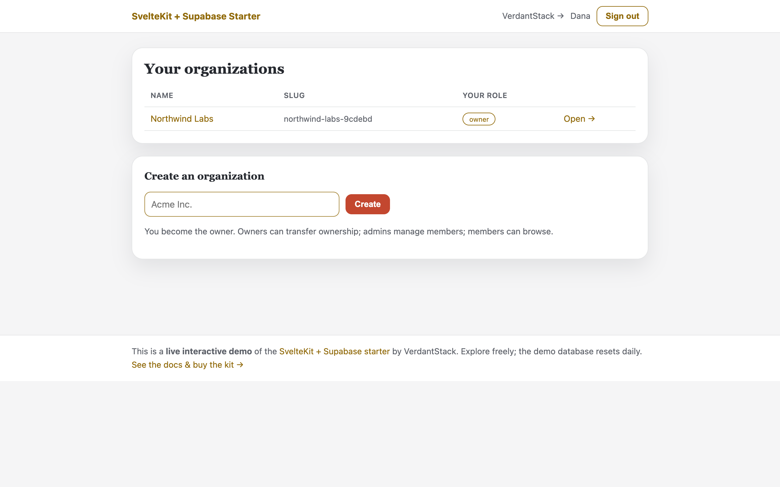 Live demo: organizations home after sign-in