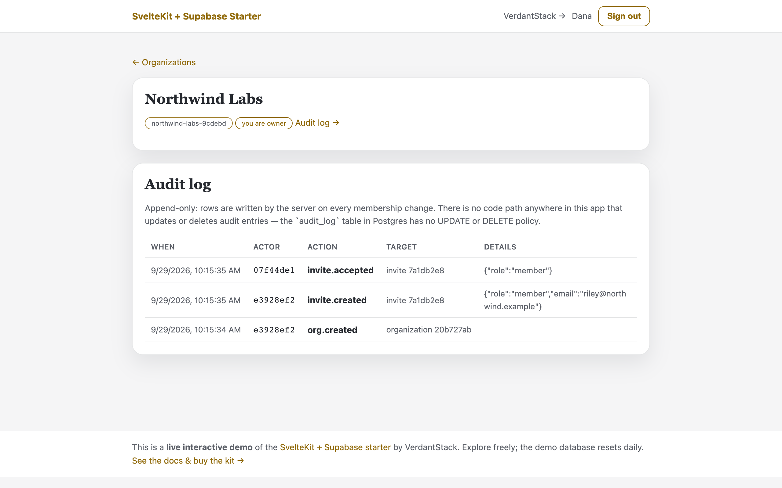 Live demo: append-only org audit log